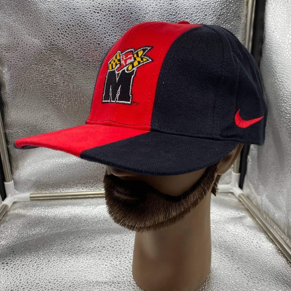 Nike University of Maryland Terrapins Men OS Navy Red Vertical Stripe Swoosh Hat - Picture 2 of 10